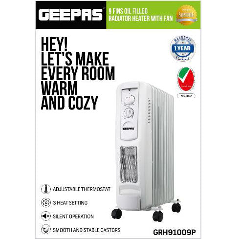 Geepas 9 Fin Portable Electric Oil Filled Radiator Heater GRH91009P